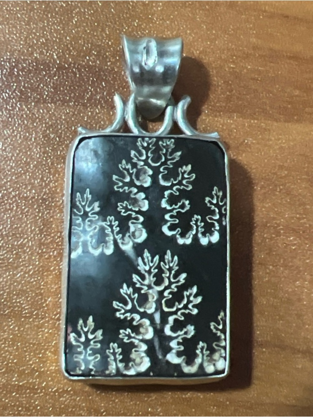Vintage Rectangular, .925 Sterling Silver Snowflake Obsidian Gemstone Pendant